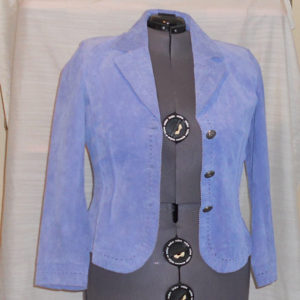 Coldwater Creek L Periwinkle Leather Suede Jacket Perforated/Pinked Edges